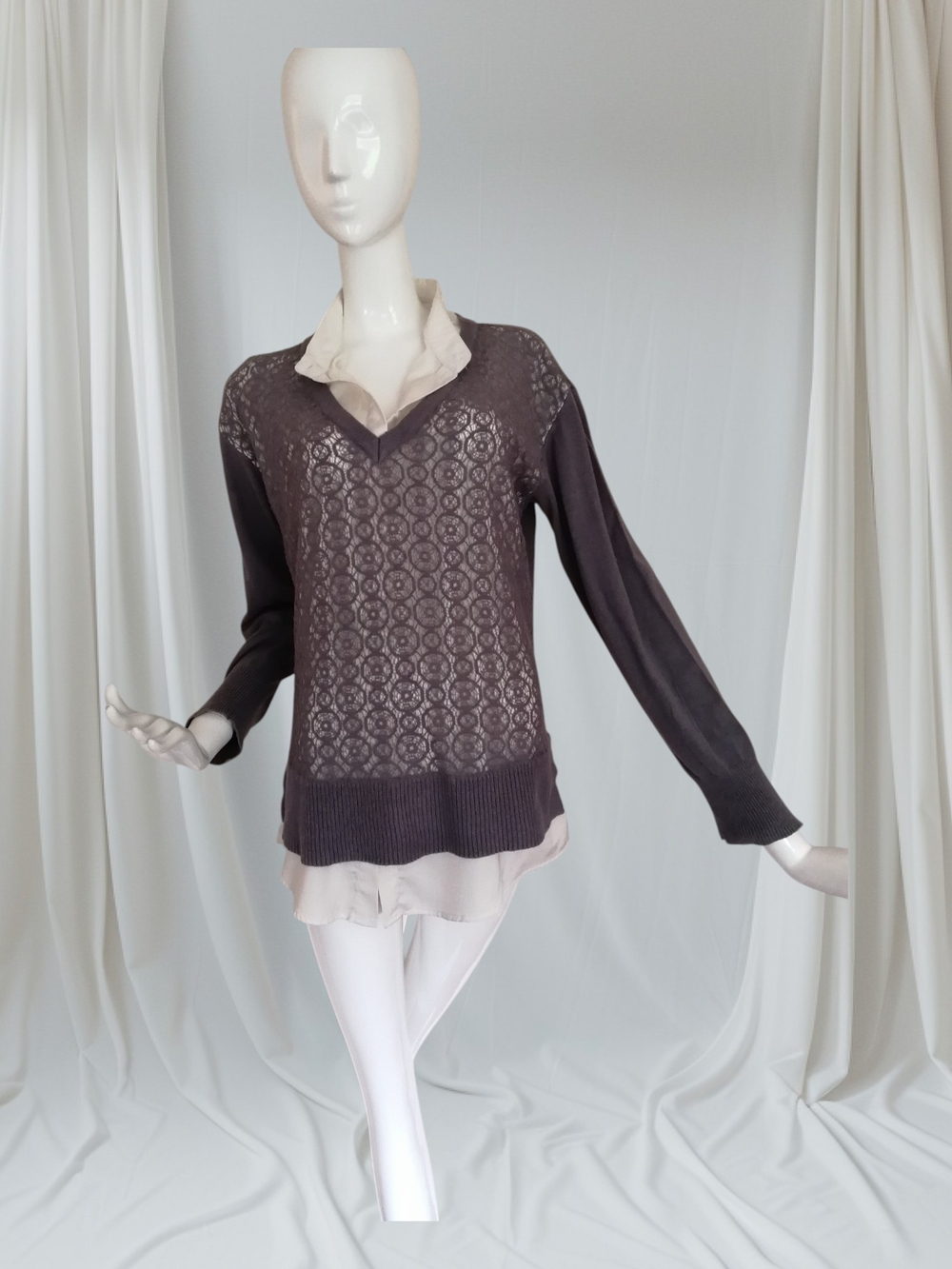 Charcoal Lace-Front V-Neck Sweater with Cream Trim
